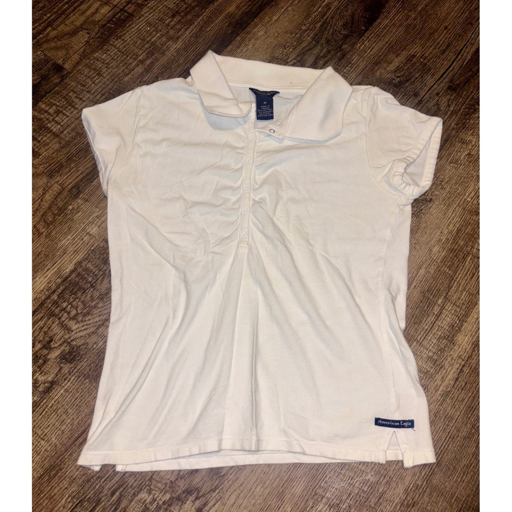 American Eagle Outfitters Womens White Stretch Polo Shirt Short Sleeve Size M